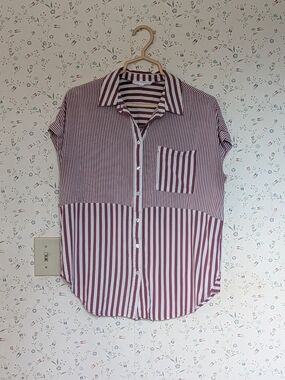 ♥️ Striped Button-Up Shirt Burgundy White Jane & Delancey Casual. Weekend Ligt